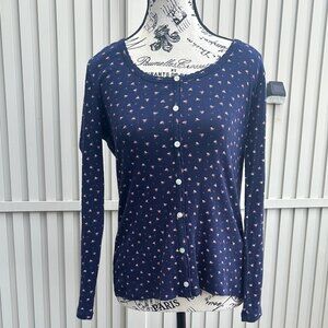 Lucky Brand Navy Blue Floral Pointelle Cardigan Sweater Top